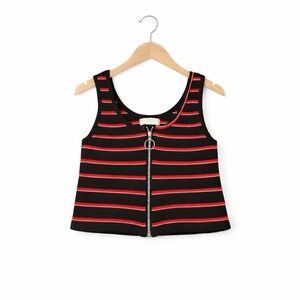 Glitz Black & Red Striped Cropped Zip-Front Tank Top Y2K Streetwear
